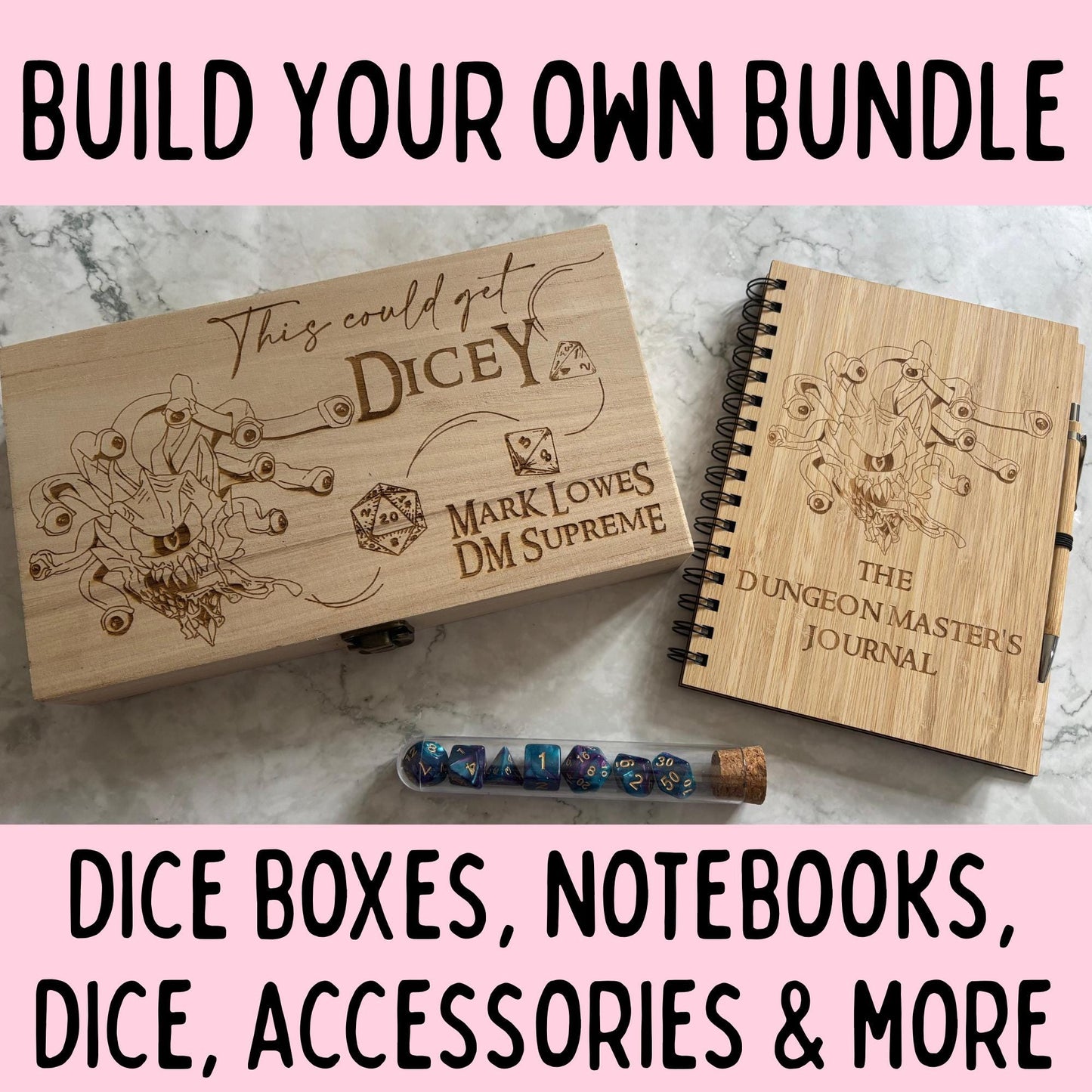 DnD Starter Set – Personalised Dice Box, Notebook, Dice | Gaming Gift for Player or DM | Dungeons & Dragons Accessory Bundle - Resplendent Aurora