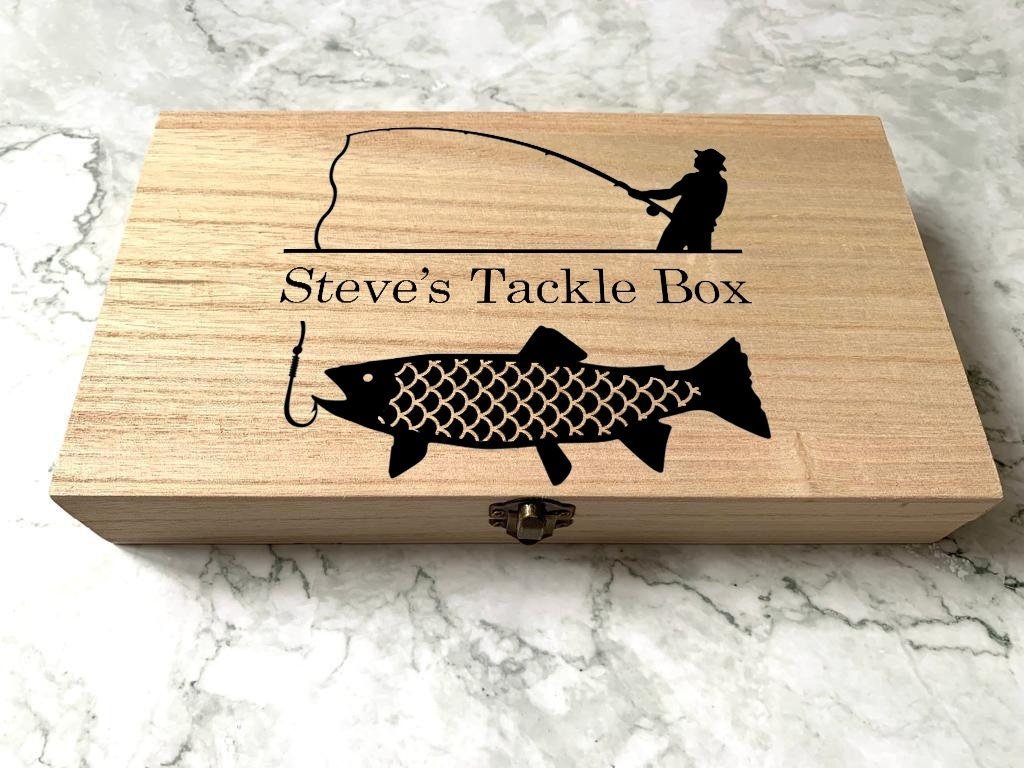engraved fishing tackle box Personalised Fishing Tackle Box with Fisherman and Fish