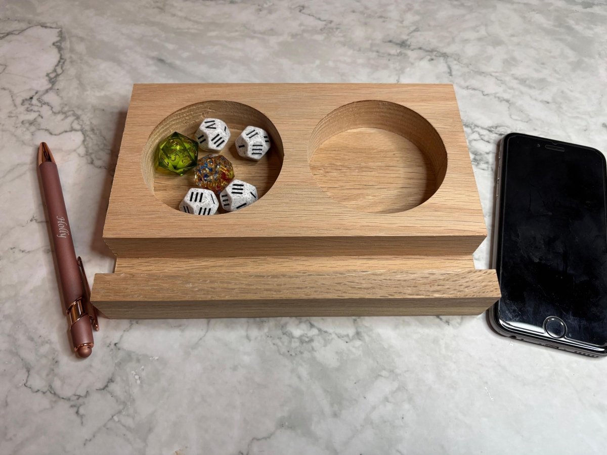 Wooden DnD Gaming Stand – Dice & Snack Holder, Phone Slot, Pen/Card Holder - Resplendent Aurora