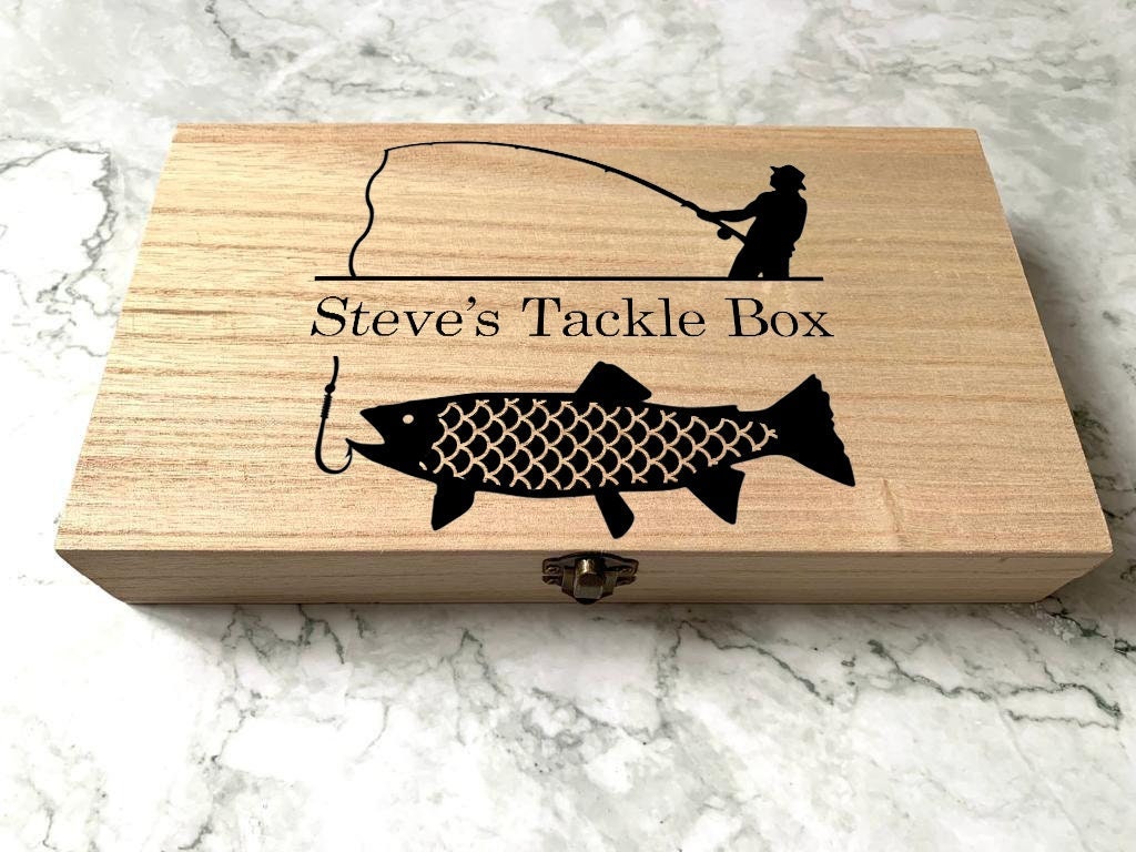 Personalised Engraved Wooden Fishing Box, Tackle Box with Fisherman and Fish