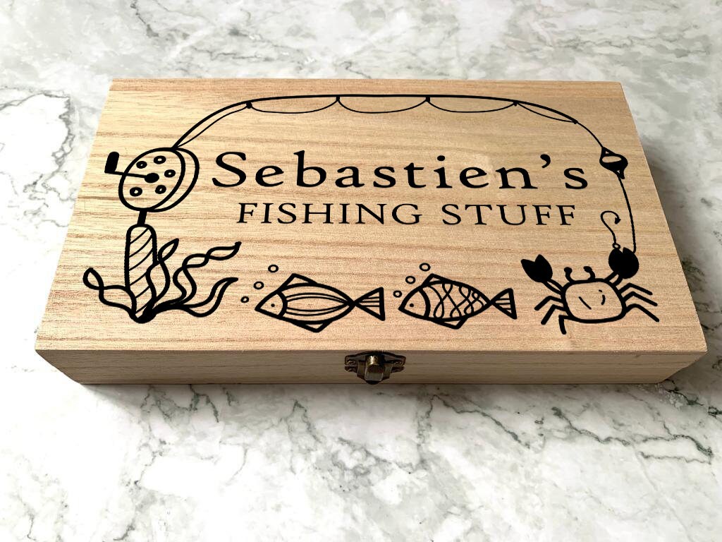 Personalised Engraved Wooden Fishing Box, Tackle Box with Fishing Line
