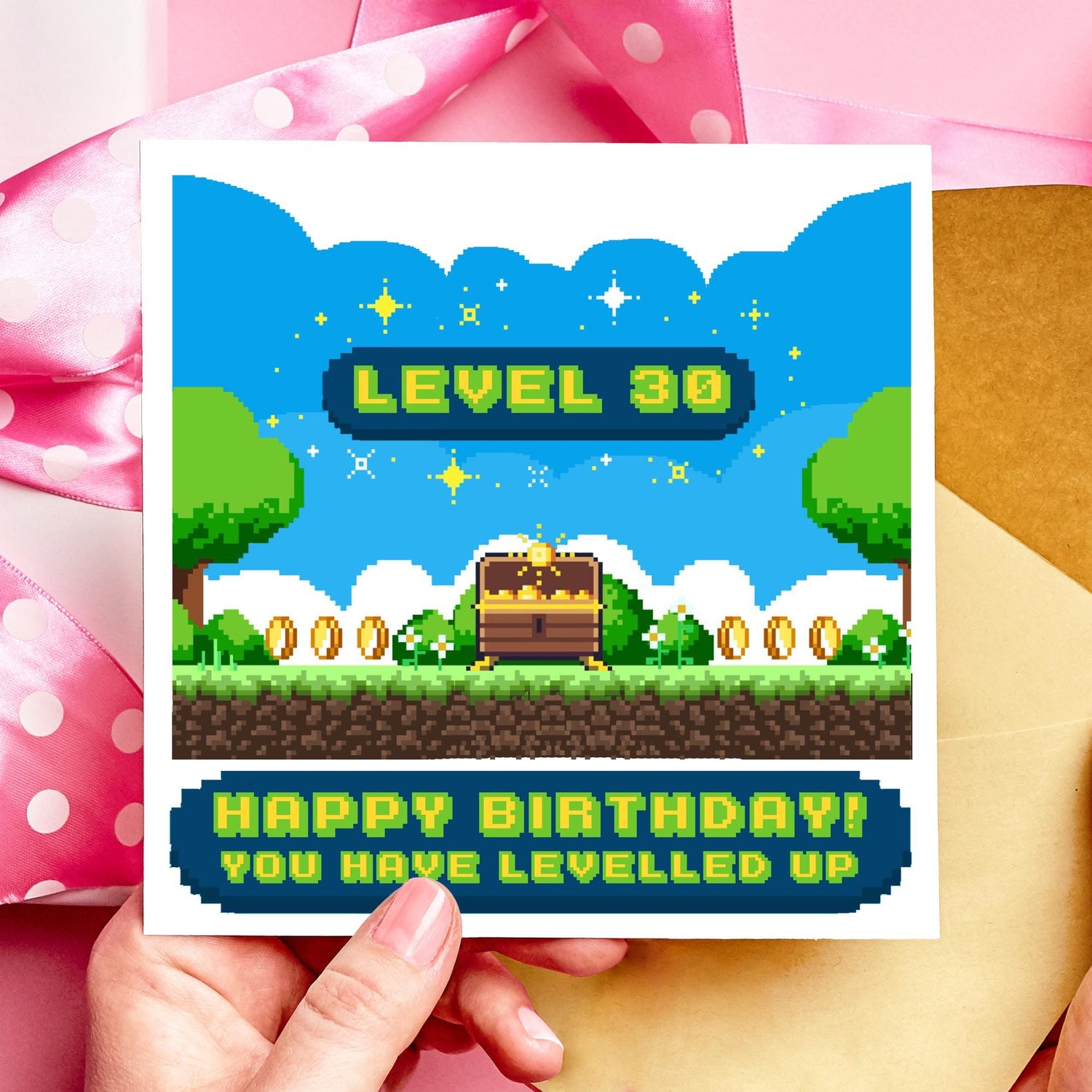 Personalised Level Up Birthday Card with Any Age – Treasure Chest Reward for Arcade Gamers – Retro Pixel Gaming - Resplendent Aurora