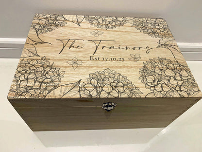 Personalised Wooden Memory Box with Hydrangea Design – Engraved Keepsake Box for Weddings, Anniversaries or Families - Resplendent Aurora