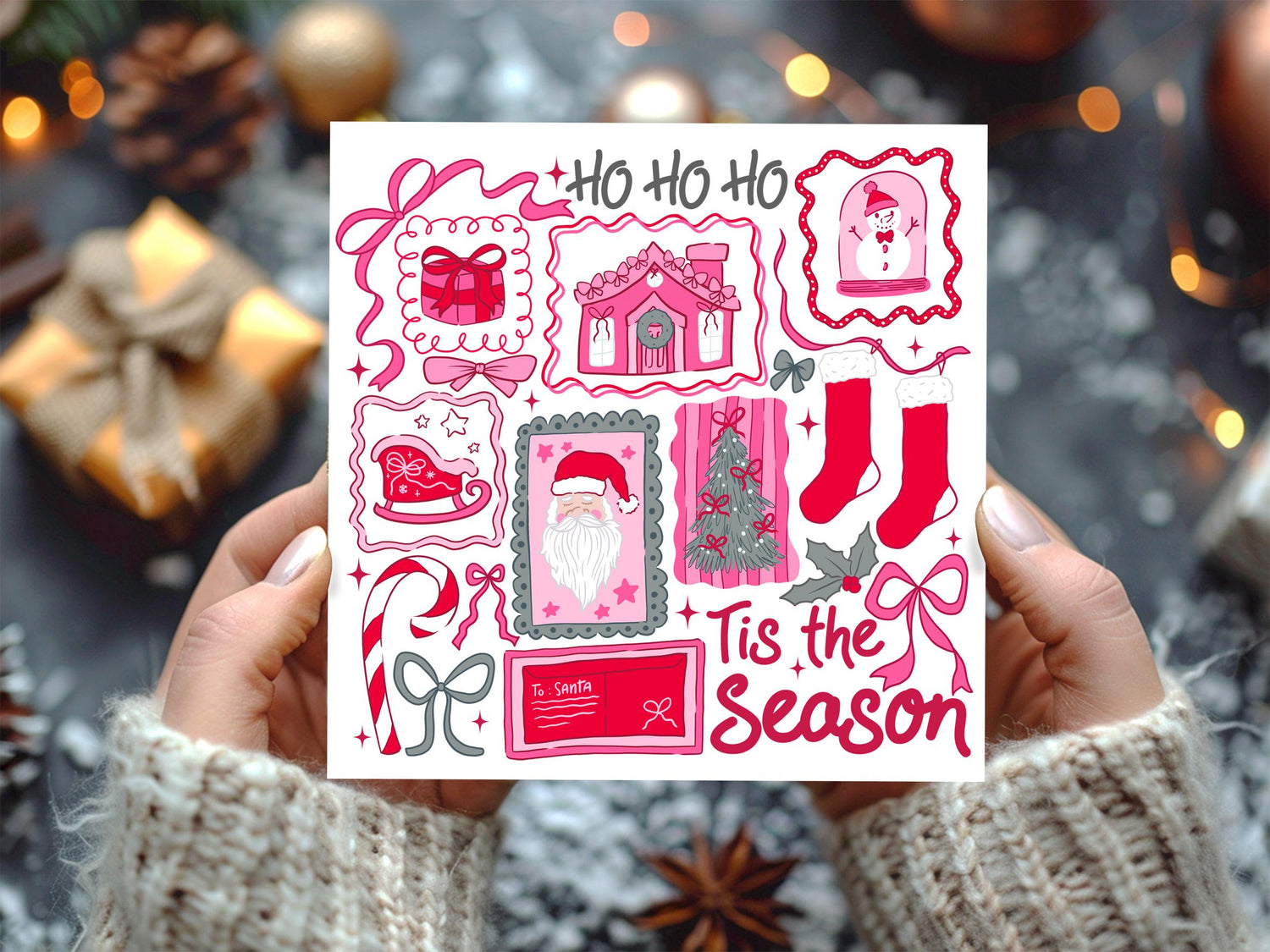 Tis the Season Christmas Card – Pink and Red Festive Greeting with Santa, Stockings and Gifts - Resplendent Aurora