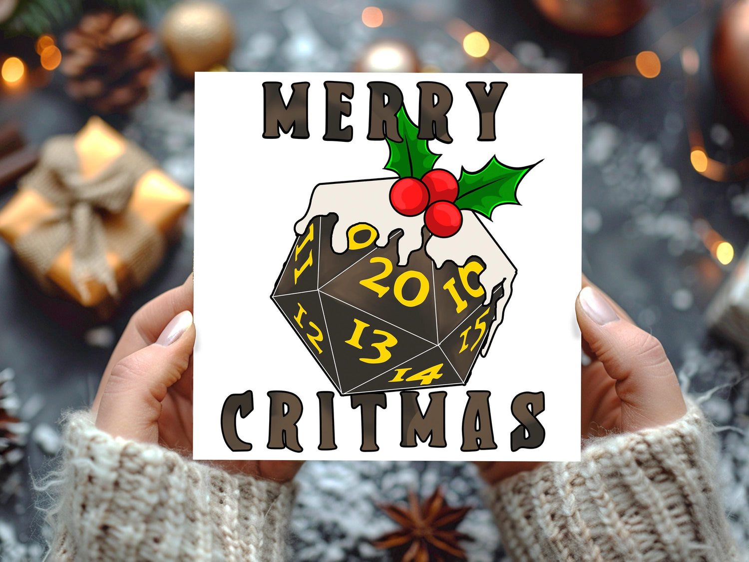Funny DnD Christmas Card: D20 Critical Hit Christmas Pudding - Resplendent Aurora