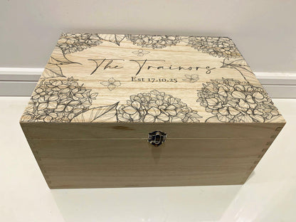 Personalised Wooden Memory Box with Hydrangea Design – Engraved Keepsake Box for Weddings, Anniversaries or Families - Resplendent Aurora