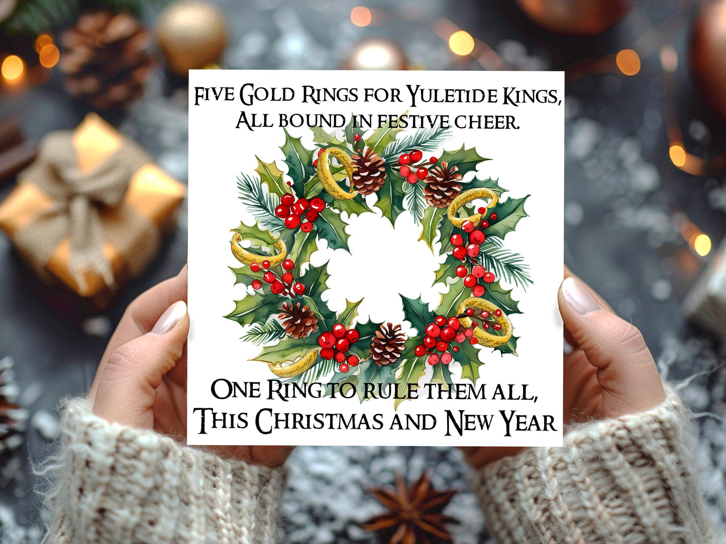 Five Gold Rings Funny Lord of the Rings Christmas Card | LOTR Inspired Card with the One Ring Illustration and Holiday Wreath - Resplendent Aurora
