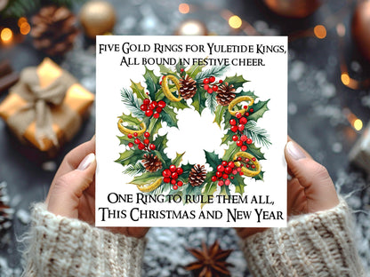 Five Gold Rings Funny Lord of the Rings Christmas Card | LOTR Inspired Card with the One Ring Illustration and Holiday Wreath - Resplendent Aurora