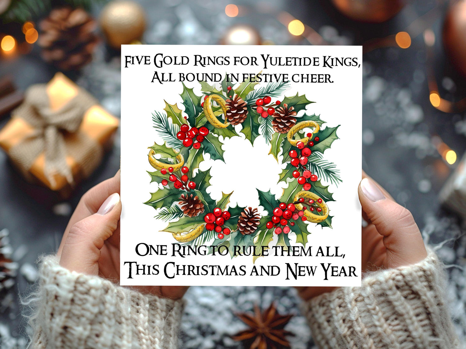 Five Gold Rings Funny Lord of the Rings Christmas Card | LOTR Inspired Card with the One Ring Illustration and Holiday Wreath - Resplendent Aurora