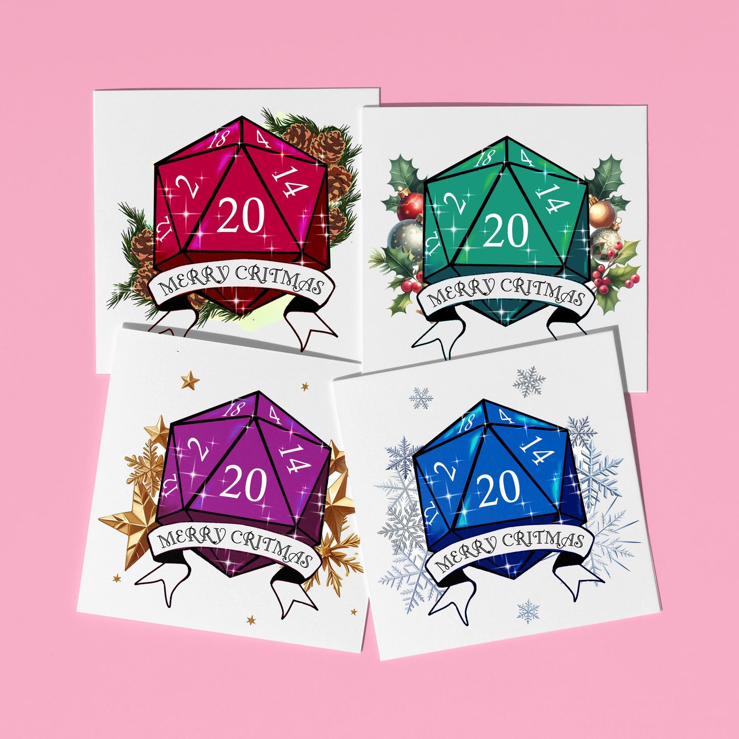 Merry Critmas D20 Dice Christmas Cards: Geeky DnD Xmas Card Multipack - Resplendent Aurora