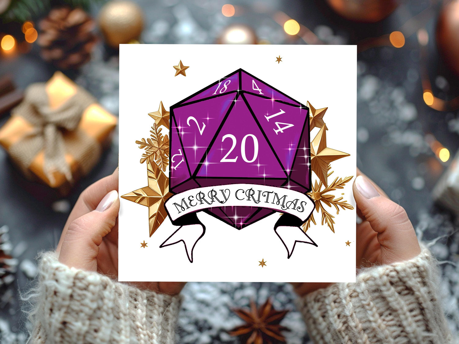Merry Critmas D20 Dice Christmas Cards: Geeky DnD Xmas Card Multipack - Resplendent Aurora