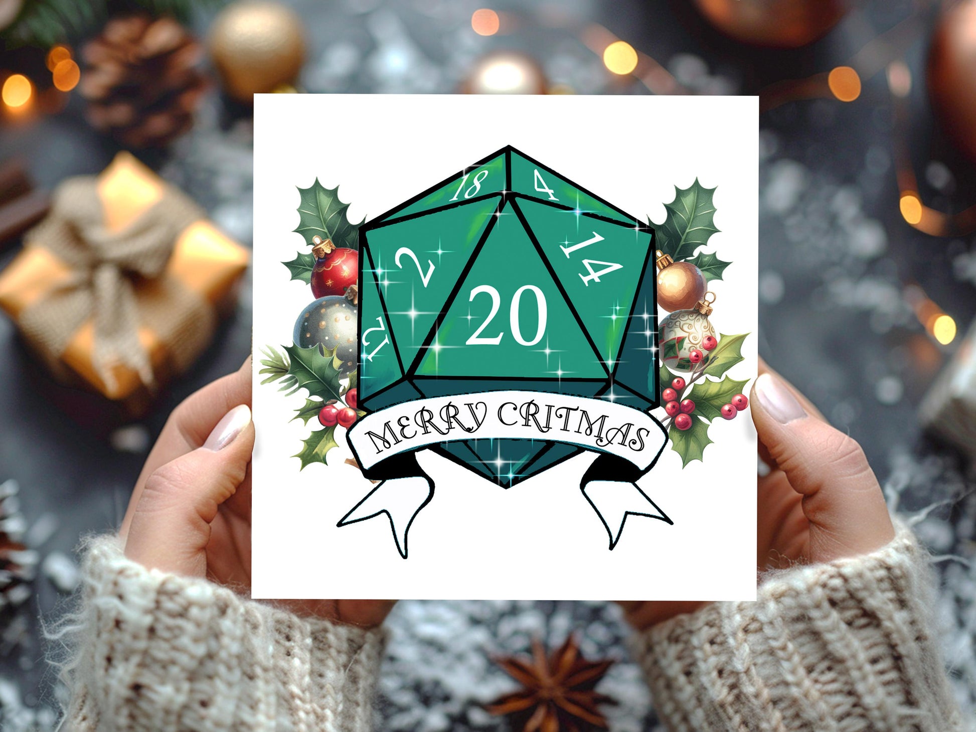 Merry Critmas D20 Dice Christmas Cards: Geeky DnD Xmas Card Multipack - Resplendent Aurora