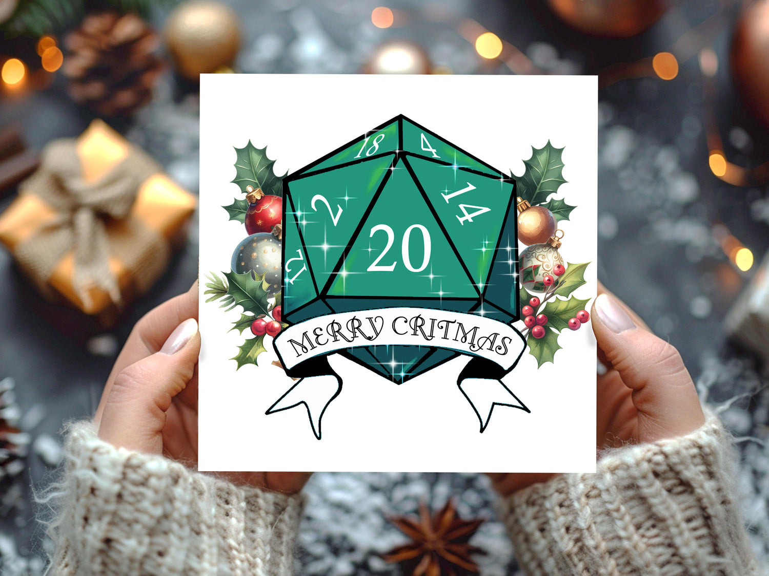 Merry Critmas D20 Dice Christmas Cards: Geeky DnD Xmas Card Multipack - Resplendent Aurora