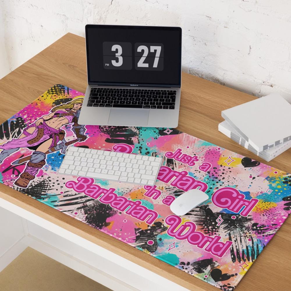 Barbarian Girl Desk Mat | Pink Graffiti Extended Gaming Mouse Pad - Resplendent Aurora