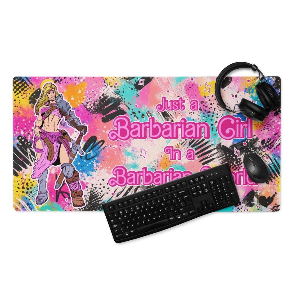 Barbarian Girl Desk Mat | Pink Graffiti Extended Gaming Mouse Pad - Resplendent Aurora