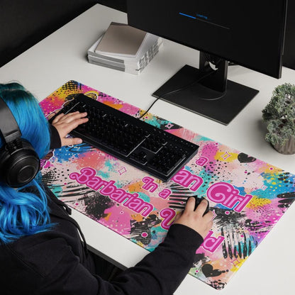 Barbarian Girl Desk Mat | Pink Graffiti Extended Gaming Mouse Pad - Resplendent Aurora