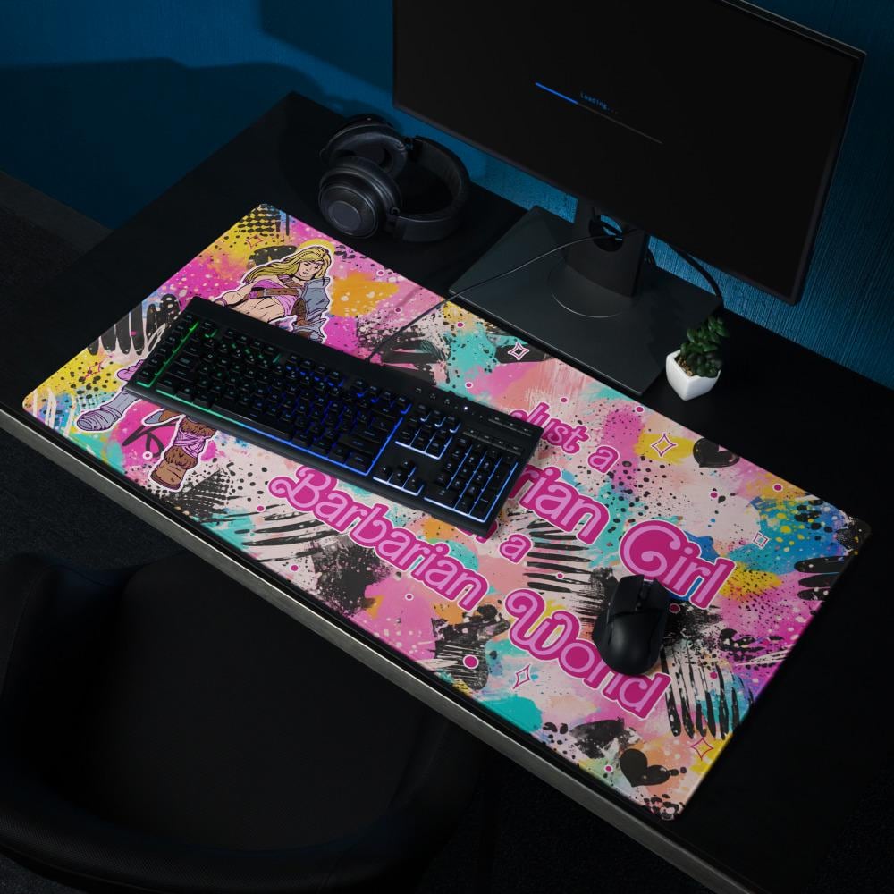 Barbarian Girl Desk Mat | Pink Graffiti Extended Gaming Mouse Pad - Resplendent Aurora