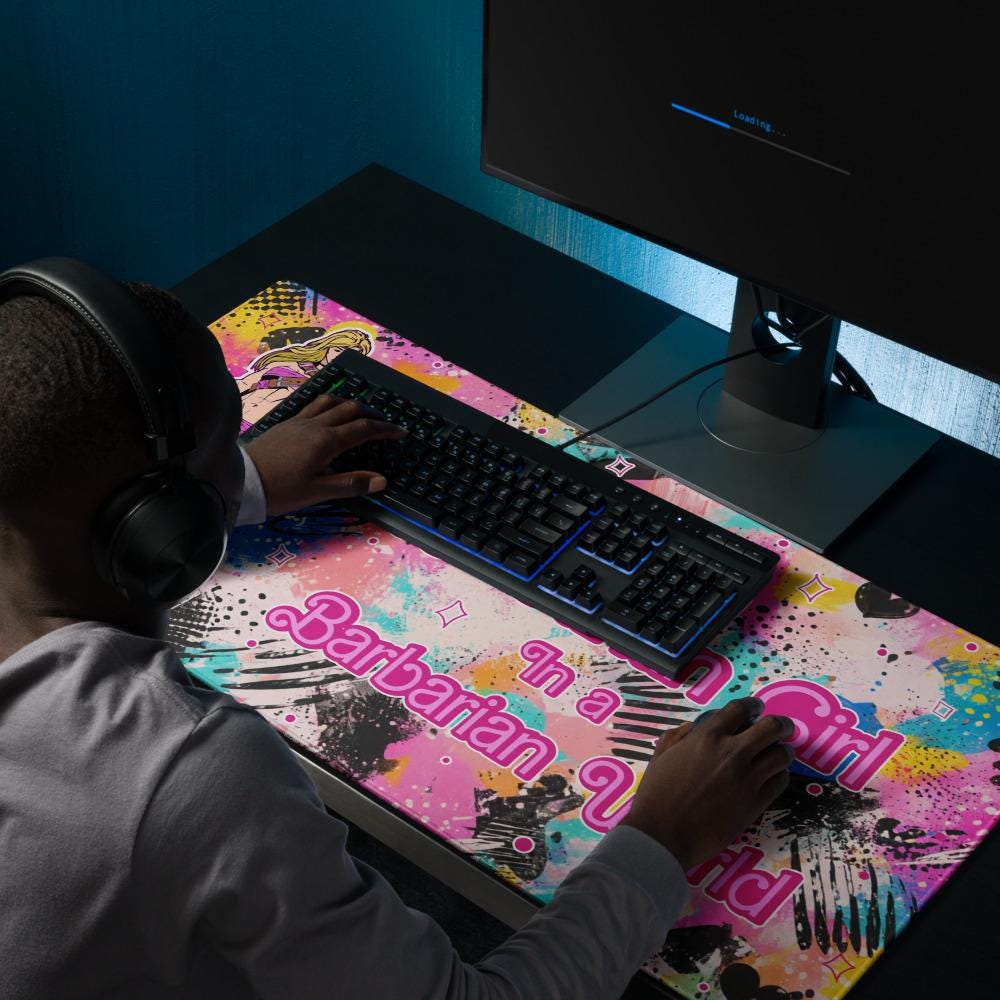 Barbarian Girl Desk Mat | Pink Graffiti Extended Gaming Mouse Pad - Resplendent Aurora