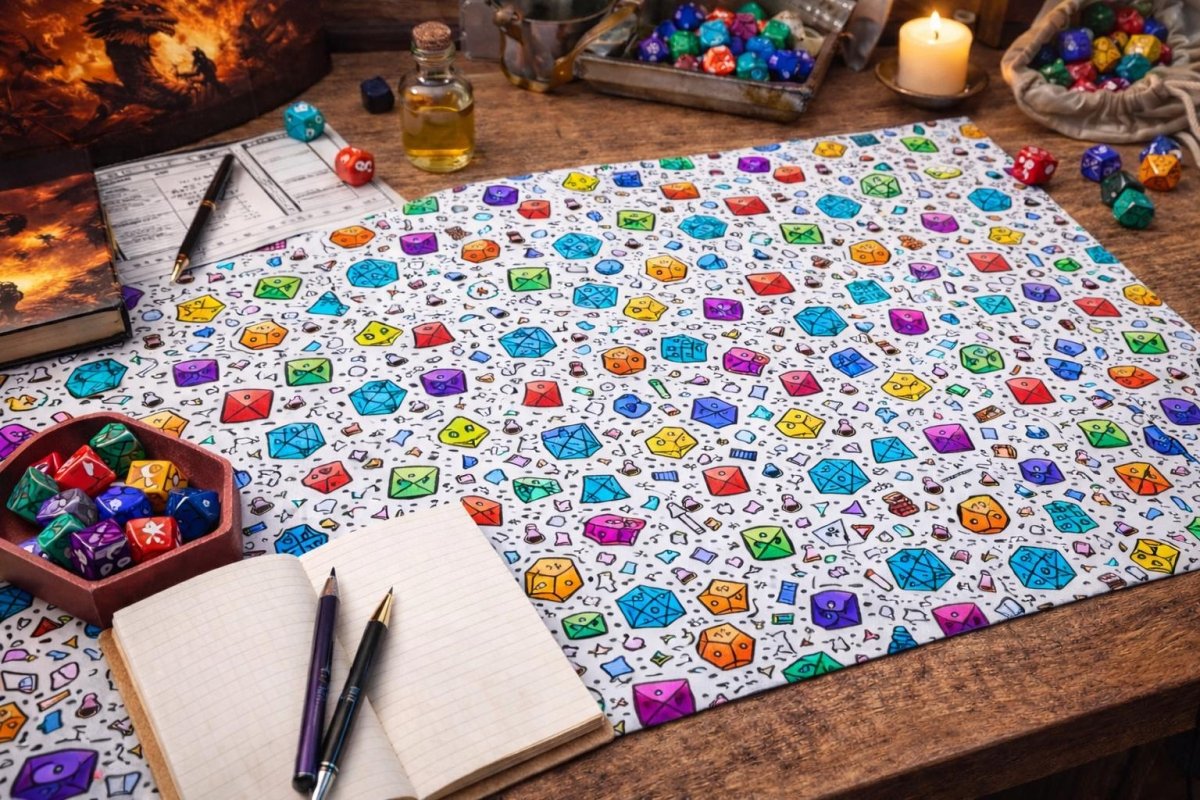 Colourful DnD Polyhedral Dice Desk Mat | RPG Tabletop Gaming Mouse Pad - Resplendent Aurora