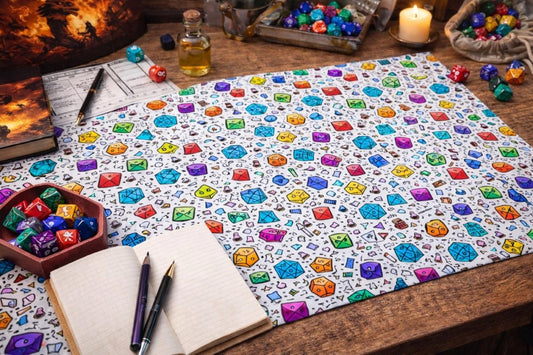 Colourful DnD Polyhedral Dice Desk Mat | RPG Tabletop Gaming Mouse Pad - Resplendent Aurora