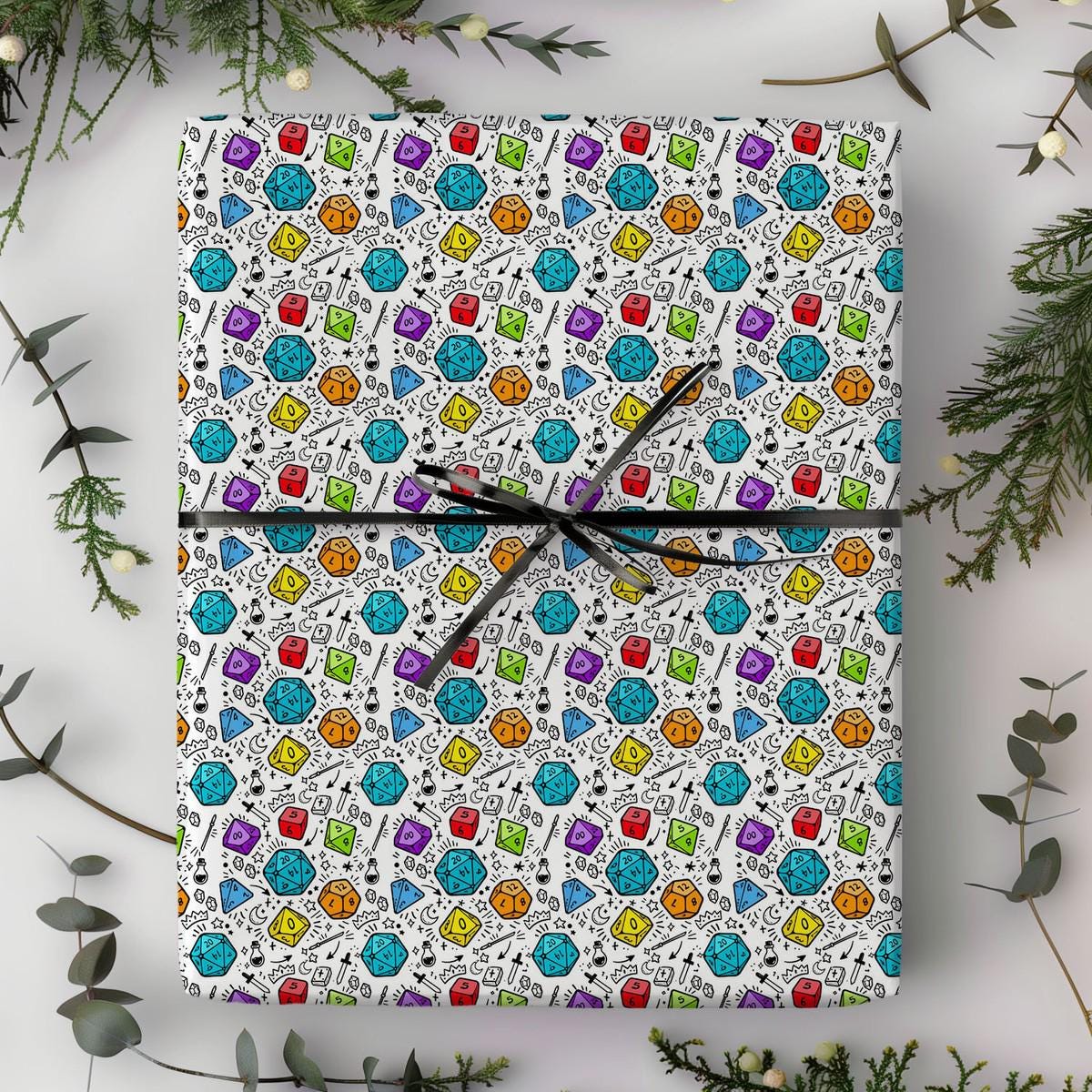 Colourful DnD Wrapping Paper | RPG Tabletop Gamer Gift Wrap | D20 Fantasy Birthday Paper - Resplendent Aurora