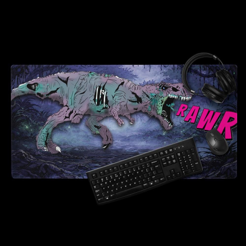Comic Book Zombie T - Rex Gaming Desk Mat – Horror DnD RPG Desk Setup - Resplendent Aurora