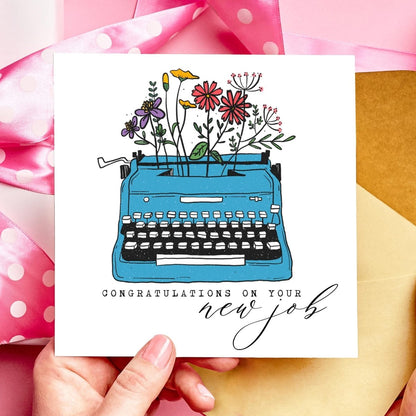 New Job Congratulations Card – Blue Typewriter with Flowers - Resplendent Aurora