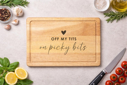 Off My Tits on Picky Bits Funny Chopping Board | Snack Tray | Charcuterie Serving Board - Resplendent Aurora