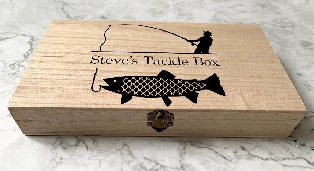 Personalised Fishing Tackle Box with Fisherman and Fish