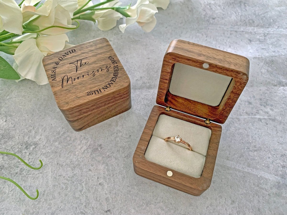 Resplendent Aurora | Personalised Square Engraved Wooden Wedding Ring ...