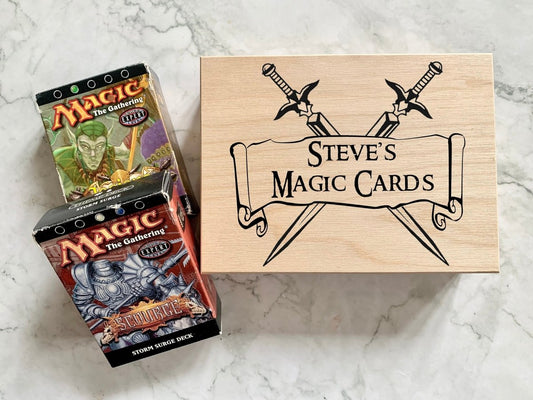 Personalised Trading Card Box with Crossed Swords and Scroll - Resplendent Aurora