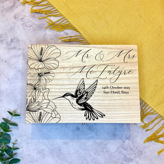 Personalised Wedding Keepsake Box - Hummingbird and Hibiscus - Resplendent Aurora