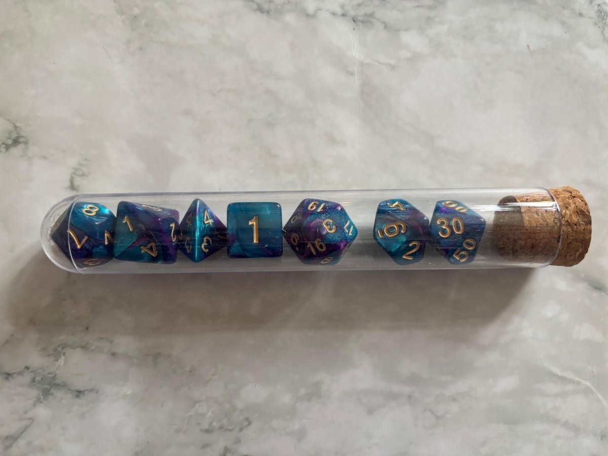 Polyhedral DnD Dice Set in Test Tube - Resplendent Aurora