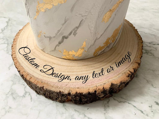 Rustic Wooden Log Slice Cake Stand | Custom Engraved Cake Stand for Wedding, Birthday, Anniversary, Christening - Resplendent Aurora