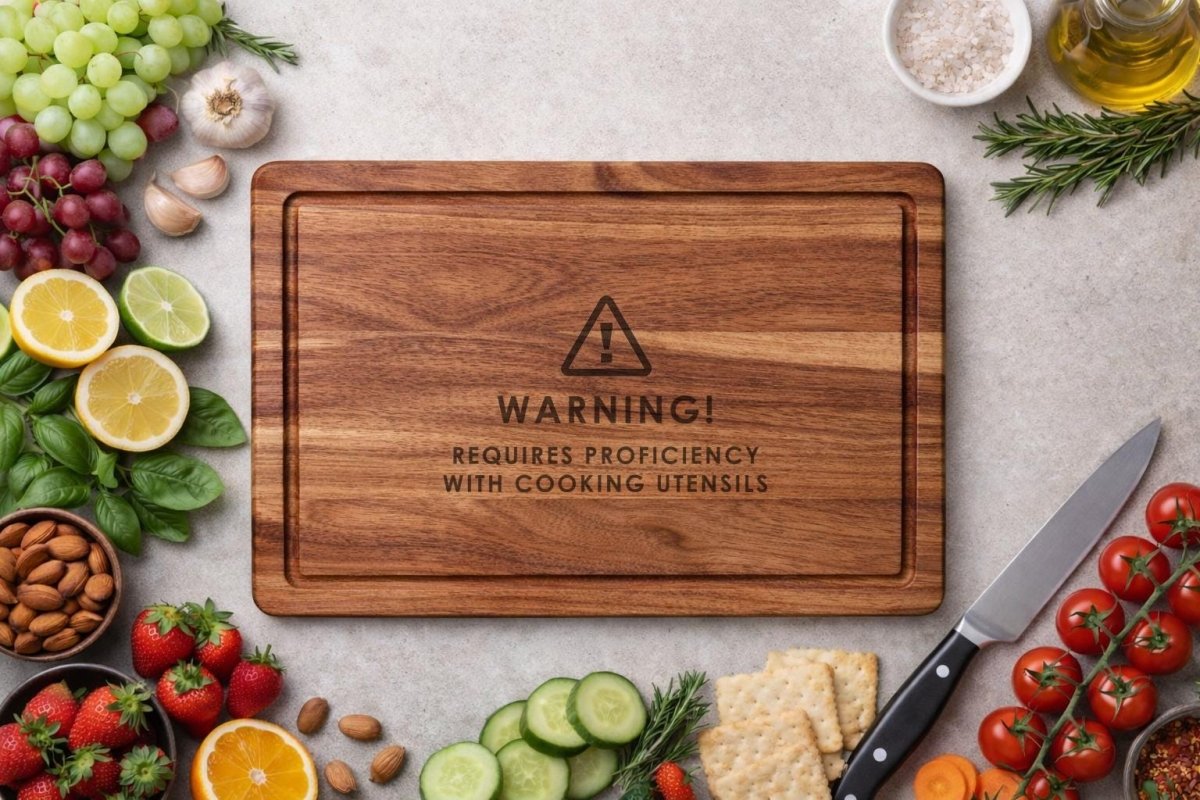 Warning! Requires Proficiency with Cooking Utensils Wooden Chopping Board | Funny Kitchen Gift | D&D Inspired Board | Gift for Cooks - Resplendent Aurora