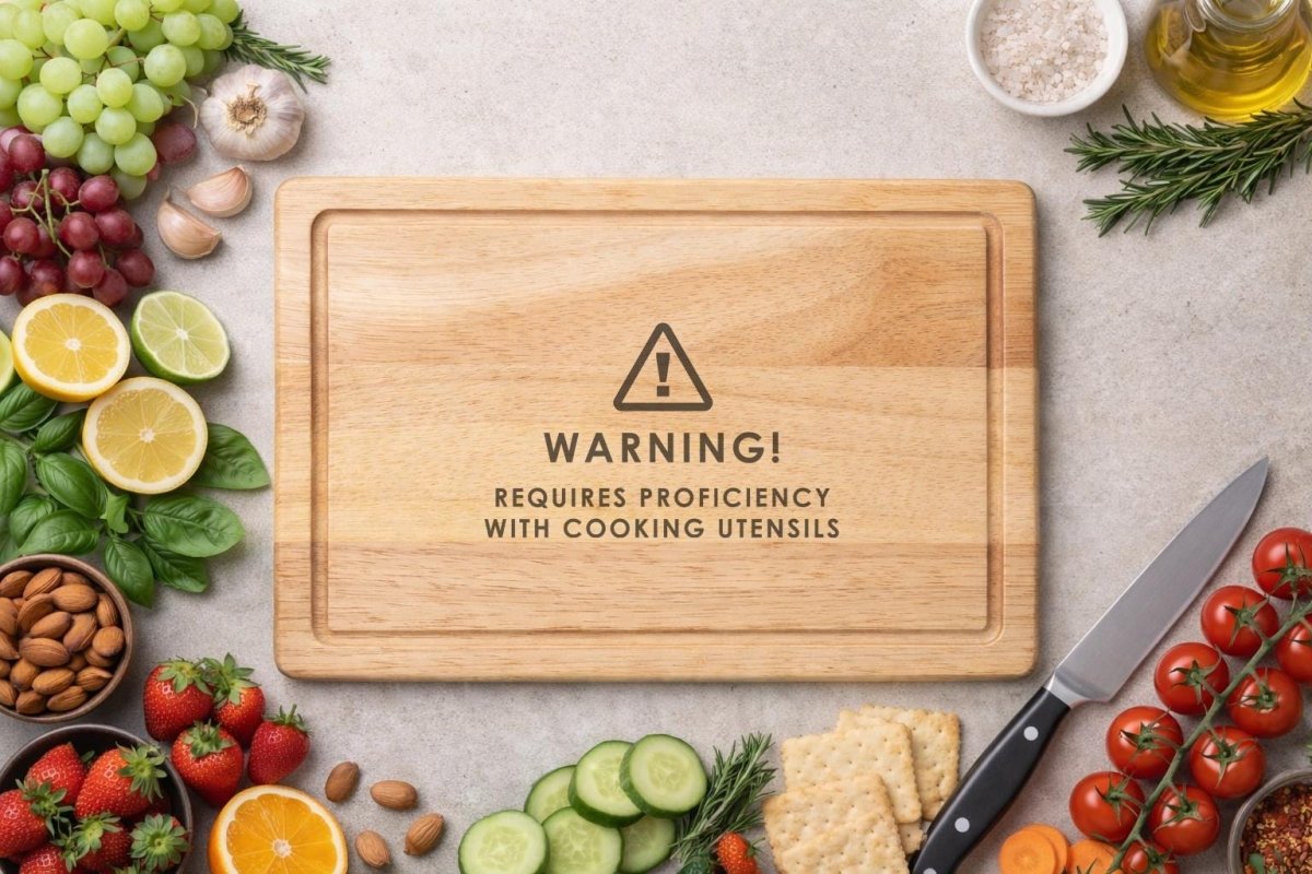 Warning! Requires Proficiency with Cooking Utensils Wooden Chopping Board | Funny Kitchen Gift | D&D Inspired Board | Gift for Cooks - Resplendent Aurora