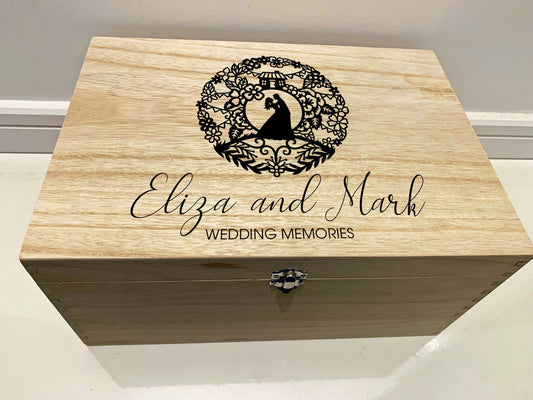 Large Personalised Engraved Wooden Wedding Keepsake Memory Box with Married Couple - Resplendent Aurora
