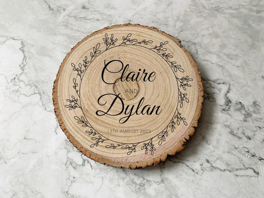 Personalised Engraved Wood Slice, Wedding Display Board with Floral Wreath - Resplendent Aurora