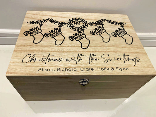 Large Personalised Engraved Wooden Family Christmas Eve Gift Box with Christmas Stockings - Resplendent Aurora