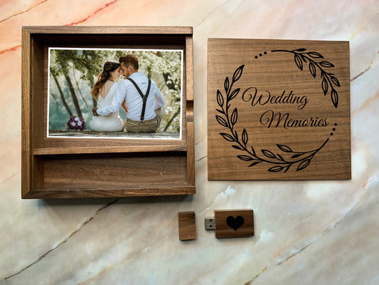 Personalised Wedding Memories Flash Drive USB Stick With Large Wooden Box in Maple or Walnut, 4GB, 8GB, 16GB, 32GB, 64GB - Resplendent Aurora
