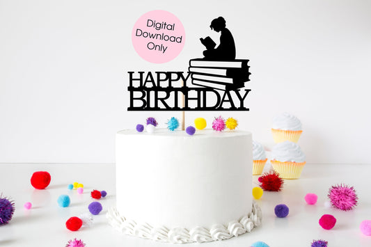 Personalised Bookworm Reader Happy Birthday cake topper digital cut file suitable for Cricut or Silhouette, svg, jpeg, png, pdf - Resplendent Aurora