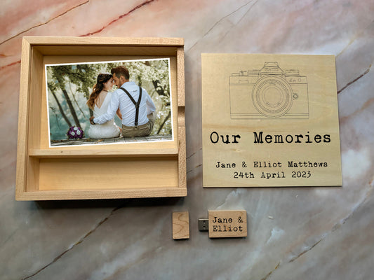Personalised Wedding Memories Flash Drive USB Stick With Large Wooden Box in Maple or Walnut, 4GB, 8GB, 16GB, 32GB, 64GB with camera - Resplendent Aurora