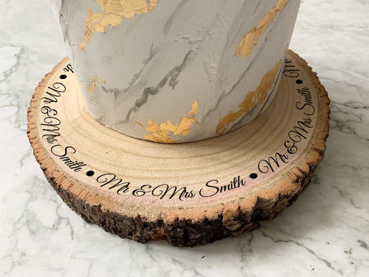 Personalised Engraved Wood Slice, Wedding Cake Display Board, Mr and Mrs surround cake board - Resplendent Aurora