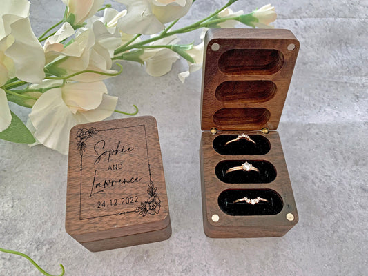 Personalised Rectangle Engraved Wooden Wedding Ring Box, Engagement Ring Box with Peonies, Floral Ring Box, Anniversary Gift - Resplendent Aurora