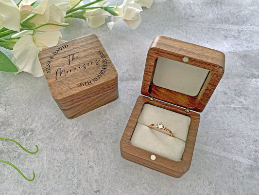 Personalised Square Engraved Wooden Wedding Ring Box, Engagement Ring Box - Resplendent Aurora
