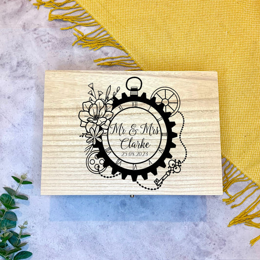 Large Personalised Engraved Wooden Victorian Steampunk Wedding Keepsake Memory Box with Gears and Flowers - Resplendent Aurora