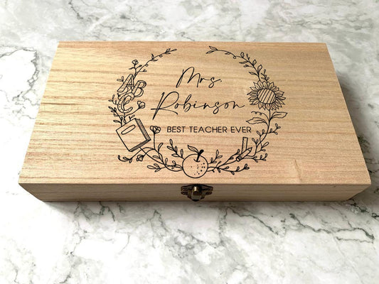 Personalised Engraved Wooden Best Teacher Ever Gift Box, Pencil Box, Pencil Case - Resplendent Aurora