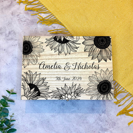 Large Personalised Engraved Wooden Wedding Keepsake Memory Box with Sunflowers - Resplendent Aurora