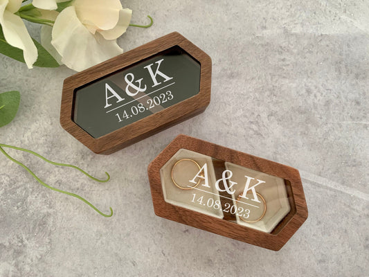 Personalised Clear Hexagon Engraved Wooden Wedding Ring Box, Engagement Ring Box with Initials, Anniversary Gift - Resplendent Aurora