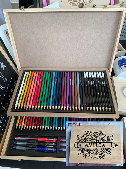 Personalised Engraved Wooden 75 Piece Art Box with Colouring Pencils and Floral Monogram - Resplendent Aurora